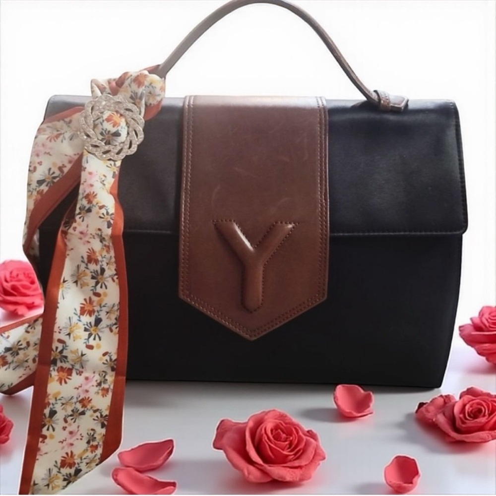 YVES SAINT LAURENT Vintage Top Handle Black Nylon Bag Brown Leather Trim EUC
